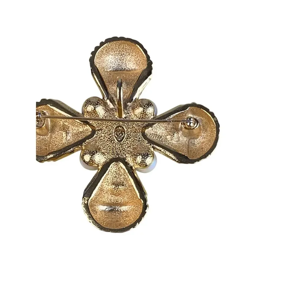Maltese Cross Brooch Gold Black Pearl Rhinestone Statement Pin Old Money